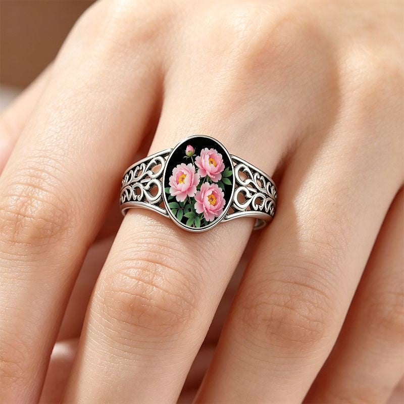 Pink Peony Filigree Ring