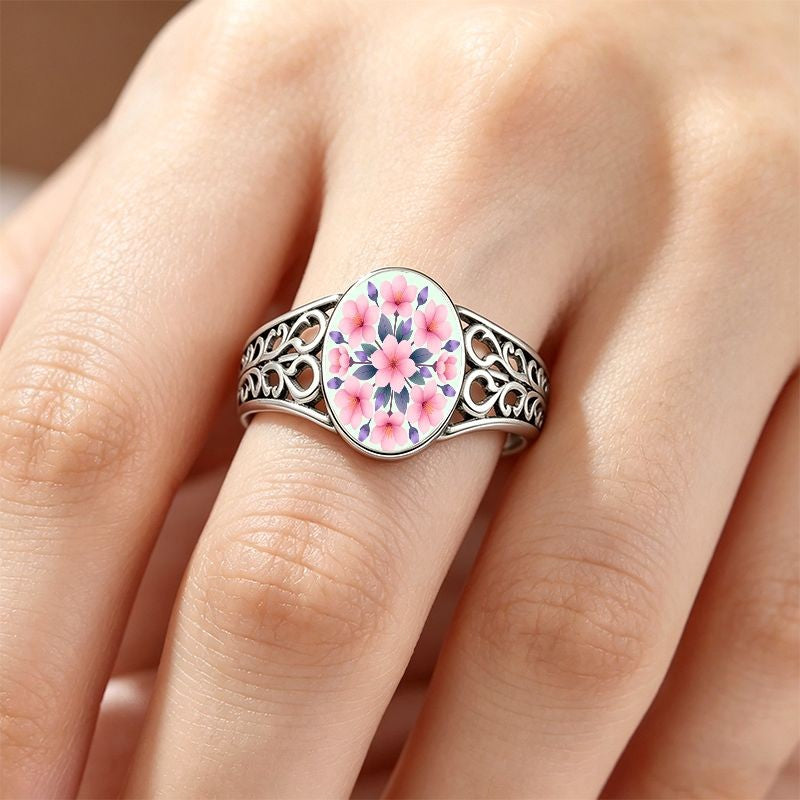 White Pink Floral Filigree Oval Ring