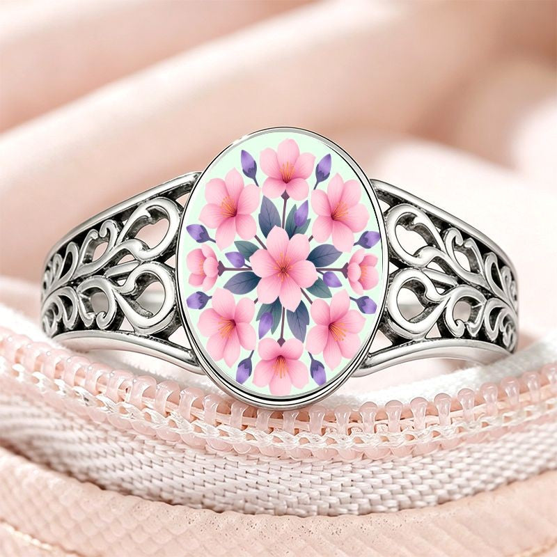 White Pink Floral Filigree Oval Ring