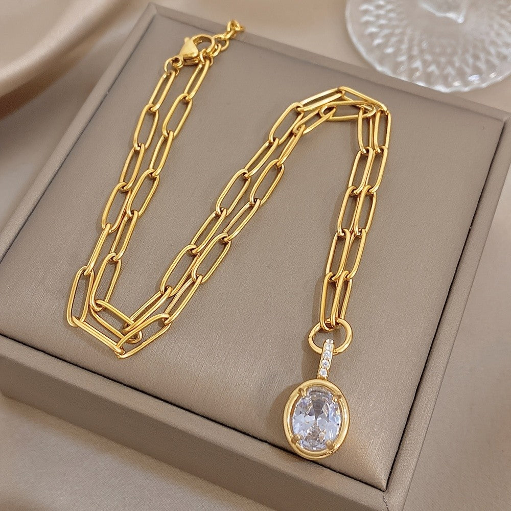 Oval Zircon Paperclip Necklace