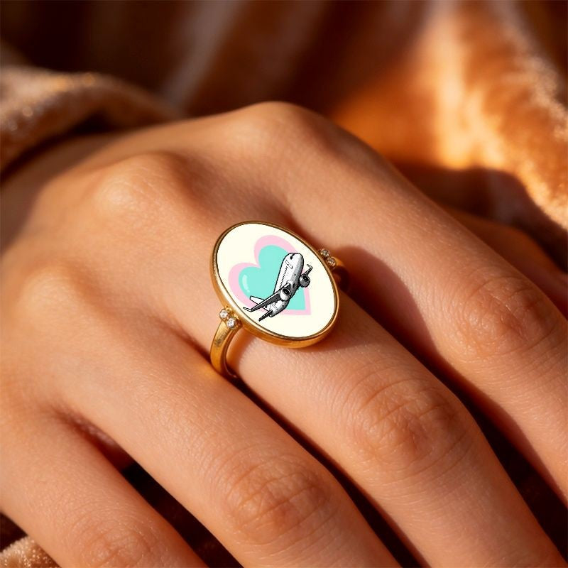 Airplane & Mint Heart Oval Ring