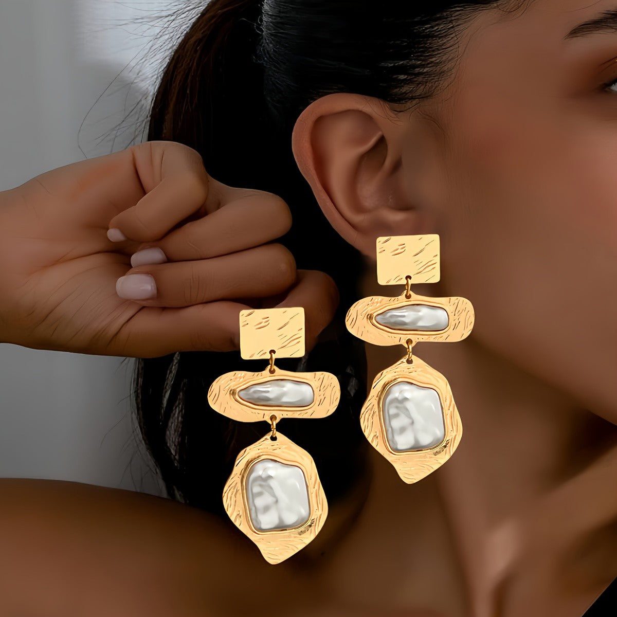 Textured Gold Square & Oval Pearl Drop Earrings