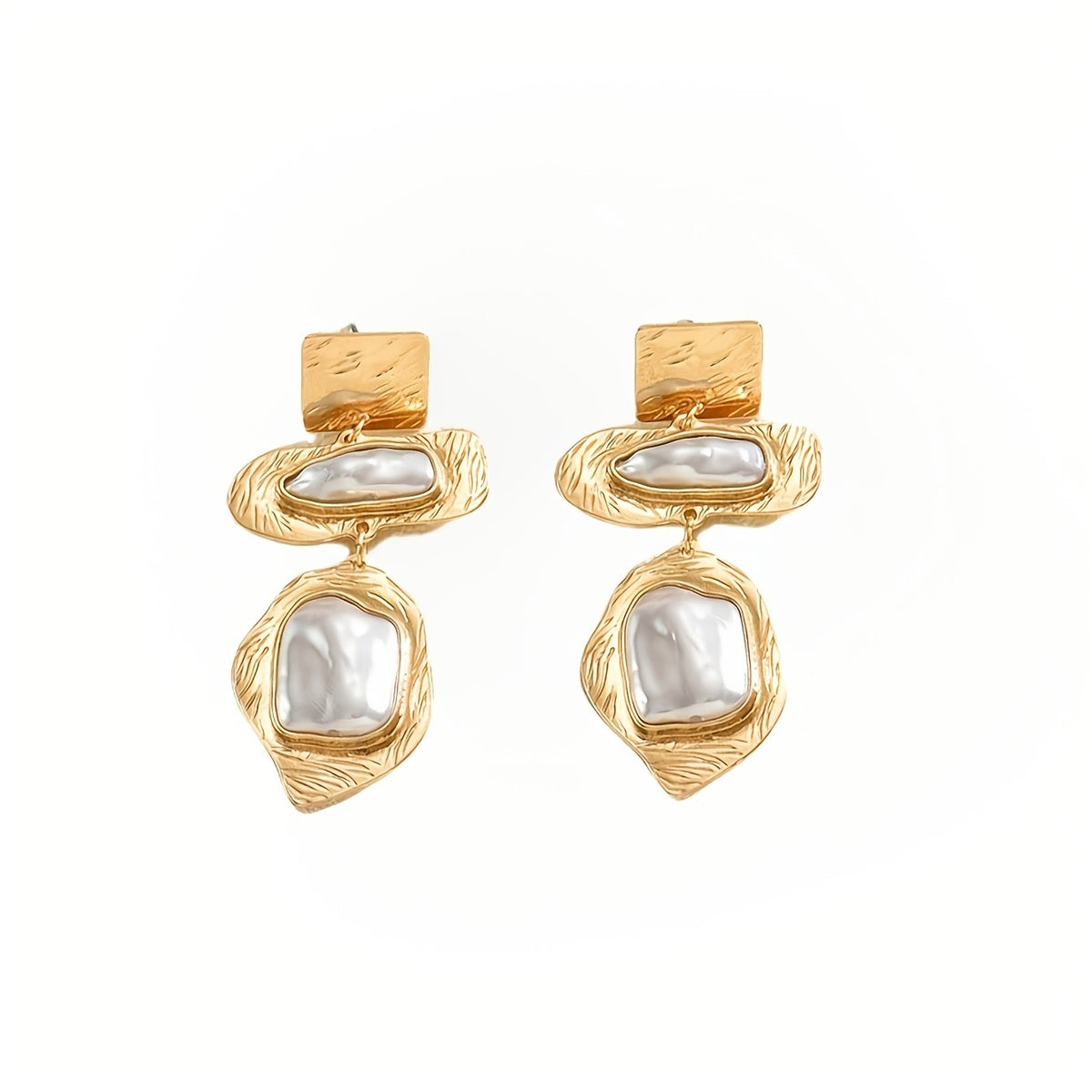 Textured Gold Square & Oval Pearl Drop Earrings