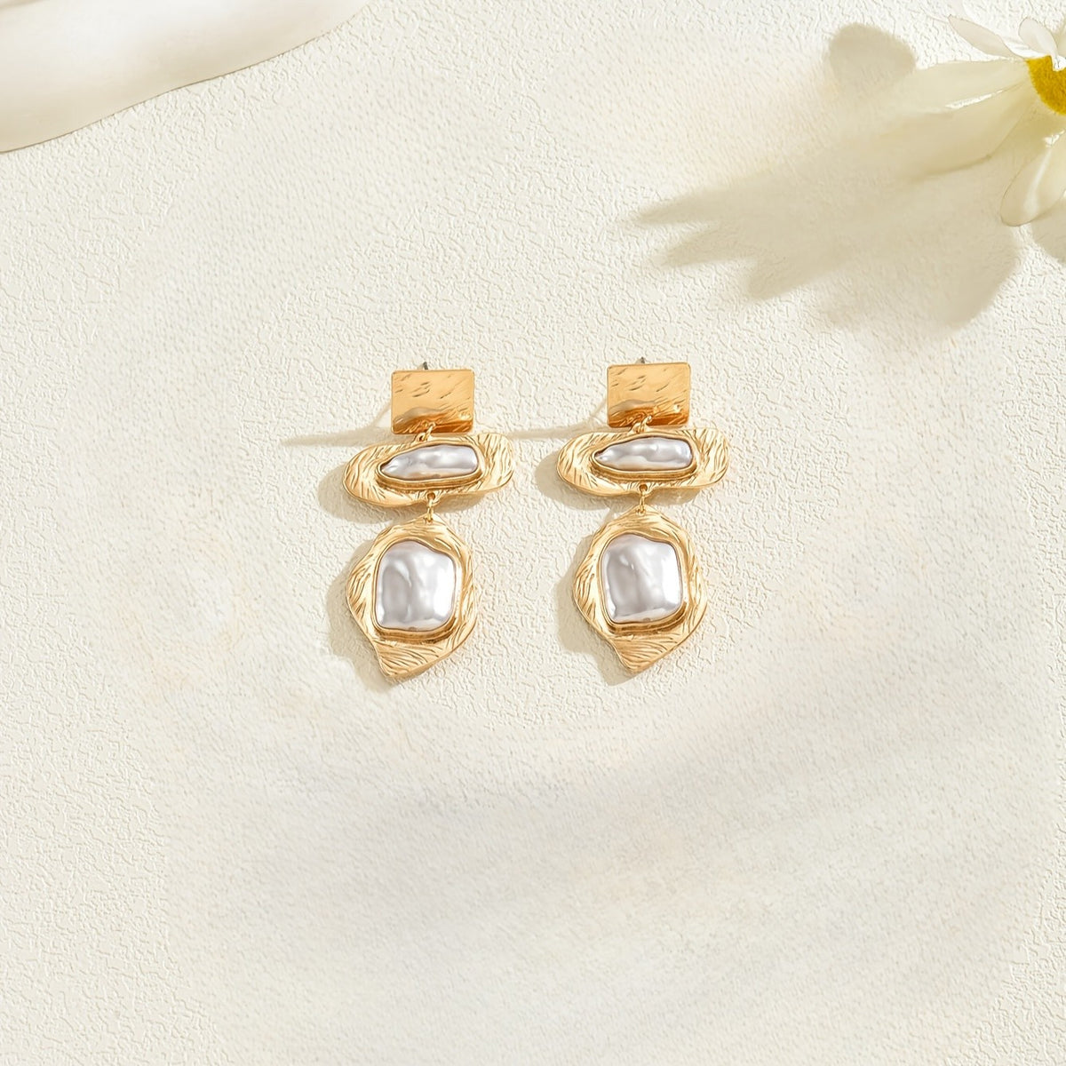 Textured Gold Square & Oval Pearl Drop Earrings