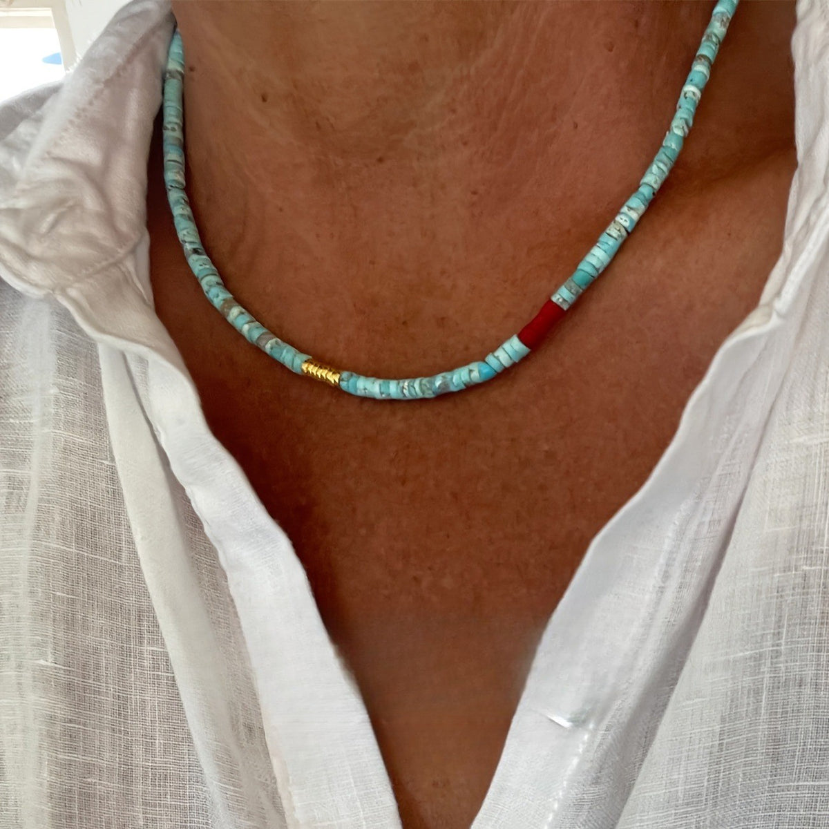 Turquoise & Red Accent Bead Necklace