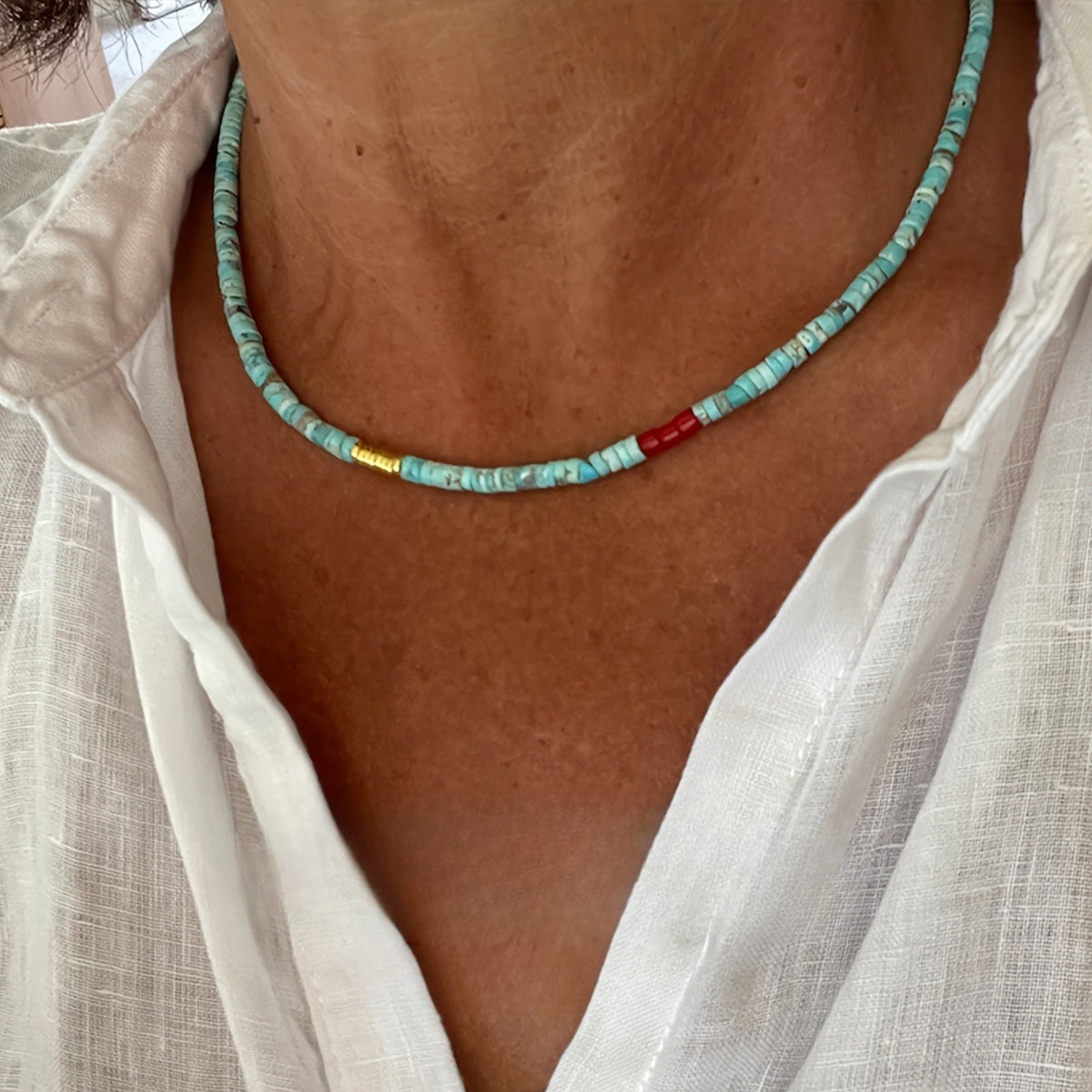Turquoise & Red Accent Bead Necklace