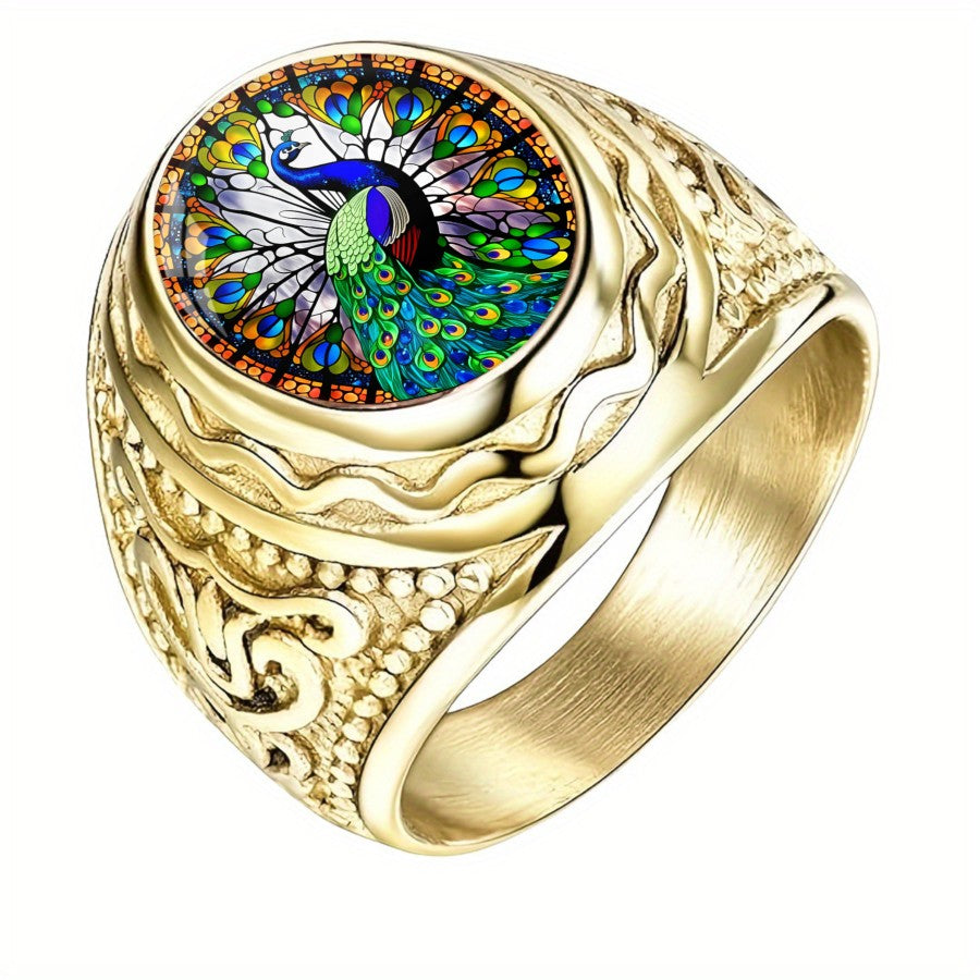 Peacock Stained Glass Statement Ring