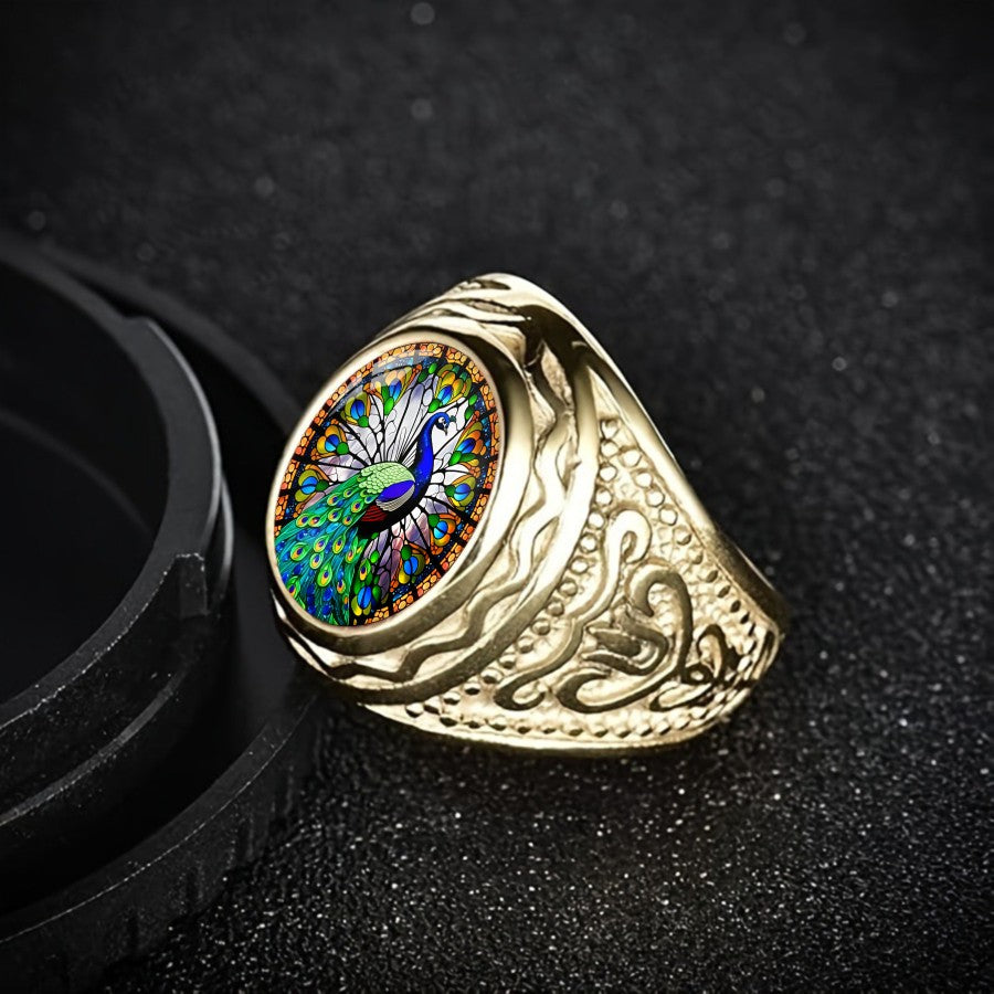 Peacock Stained Glass Statement Ring