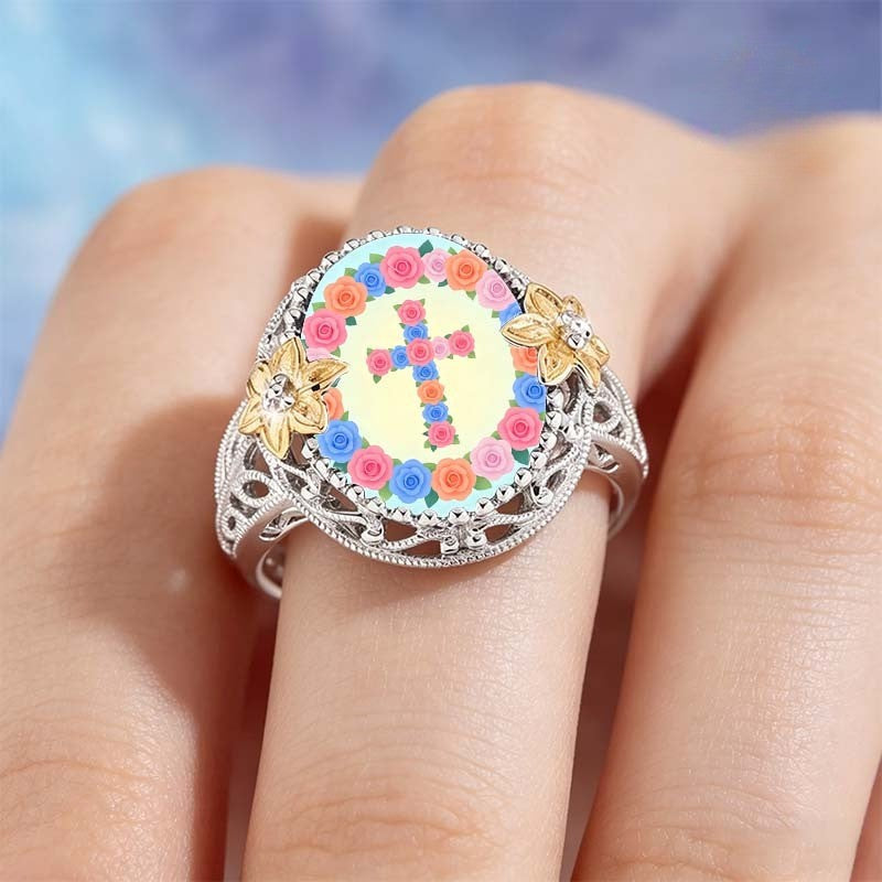 Multicolor Floral Cross Statement Ring