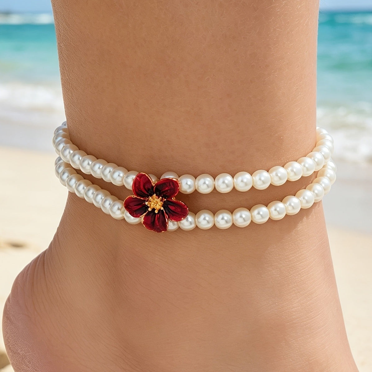 Red Flower Pearl Anklet