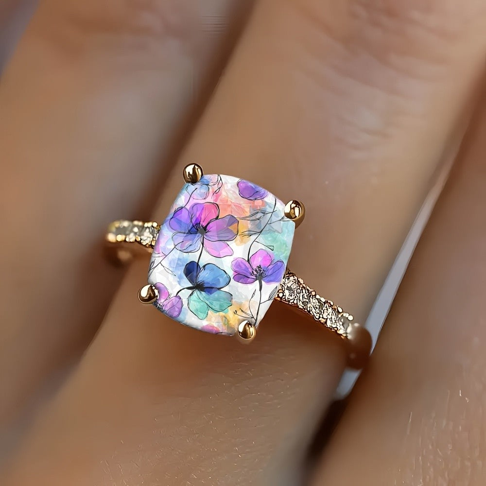 Watercolor Floral Square Ring