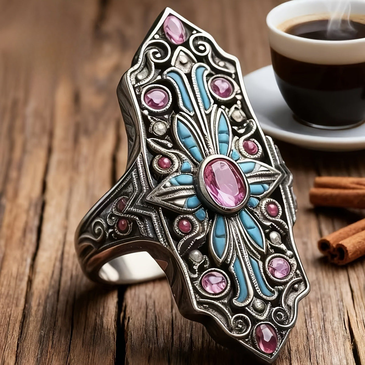 Pink Stone & Turquoise Hamsa Ring
