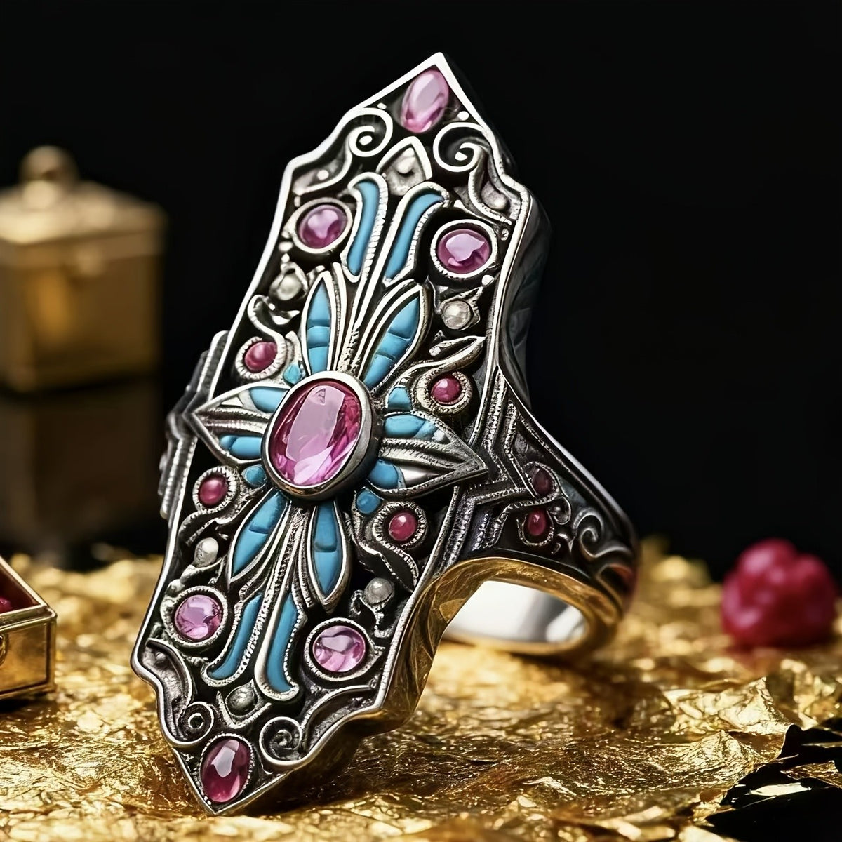 Pink Stone & Turquoise Hamsa Ring