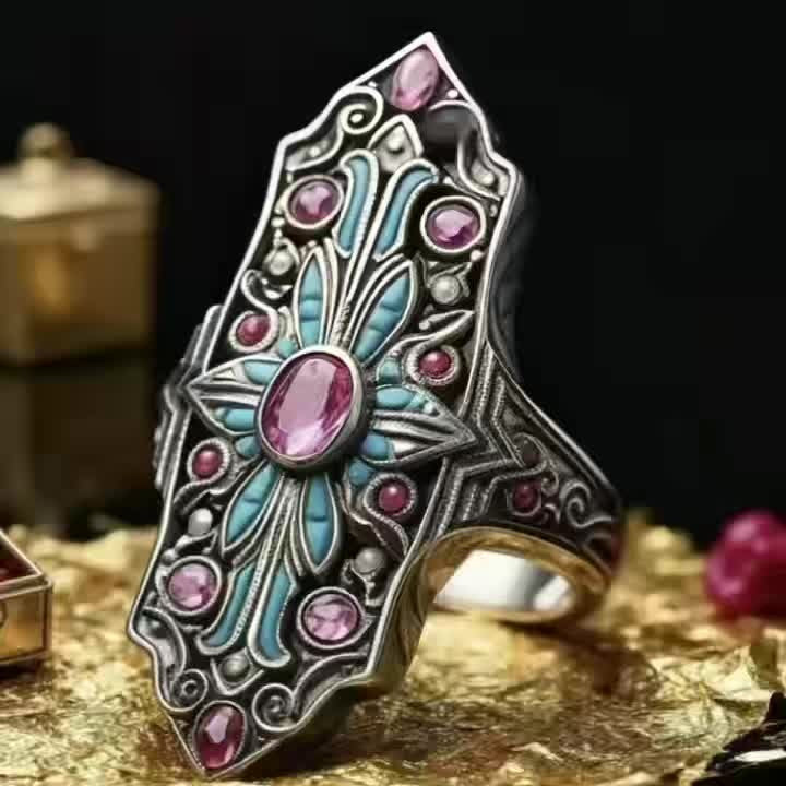 Pink Stone & Turquoise Hamsa Ring
