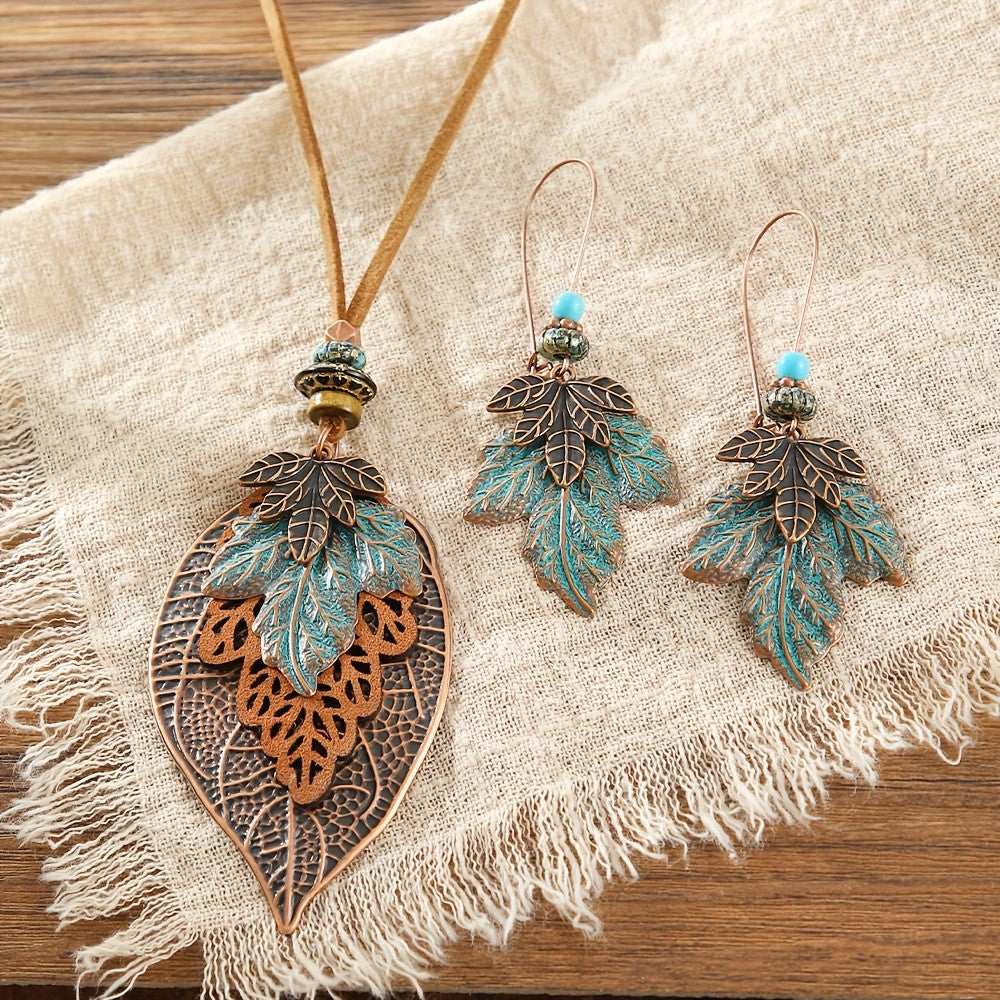 Patina Leaf Necklace & Earring Set