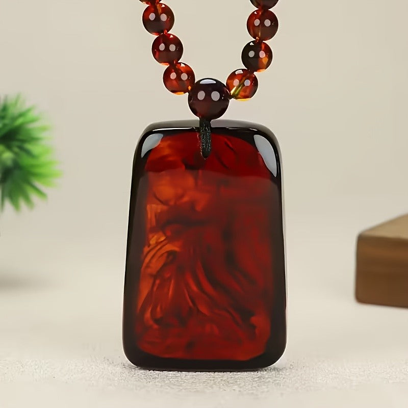 Red Amber Carved Rectangle Pendant Necklace