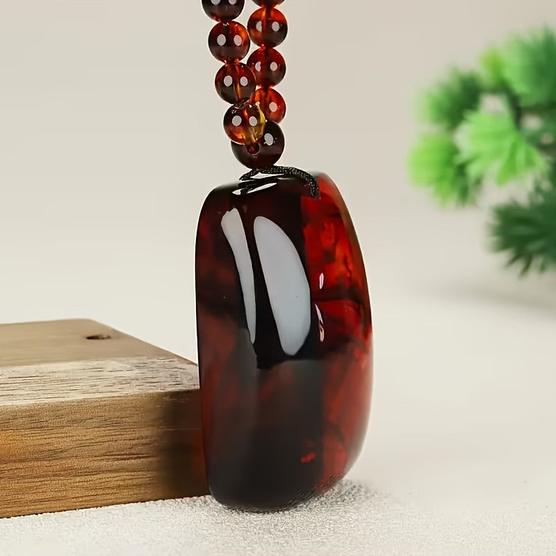 Red Amber Carved Rectangle Pendant Necklace