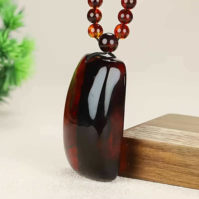 Red Amber Carved Rectangle Pendant Necklace
