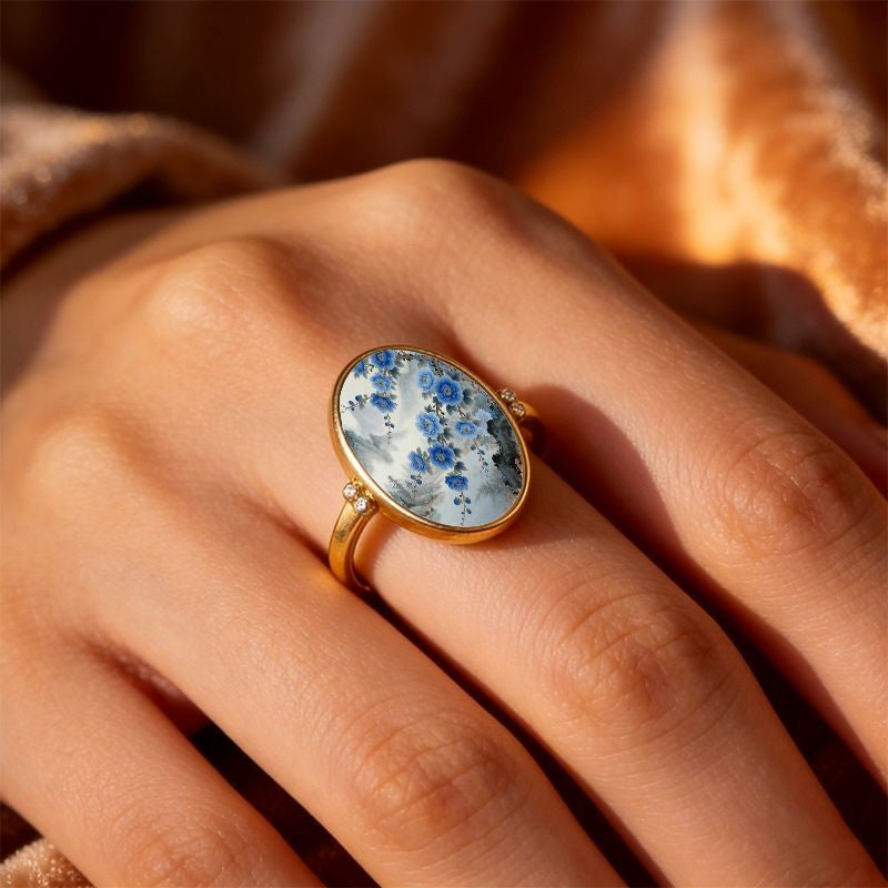 Blue Floral Landscape Oval Ring