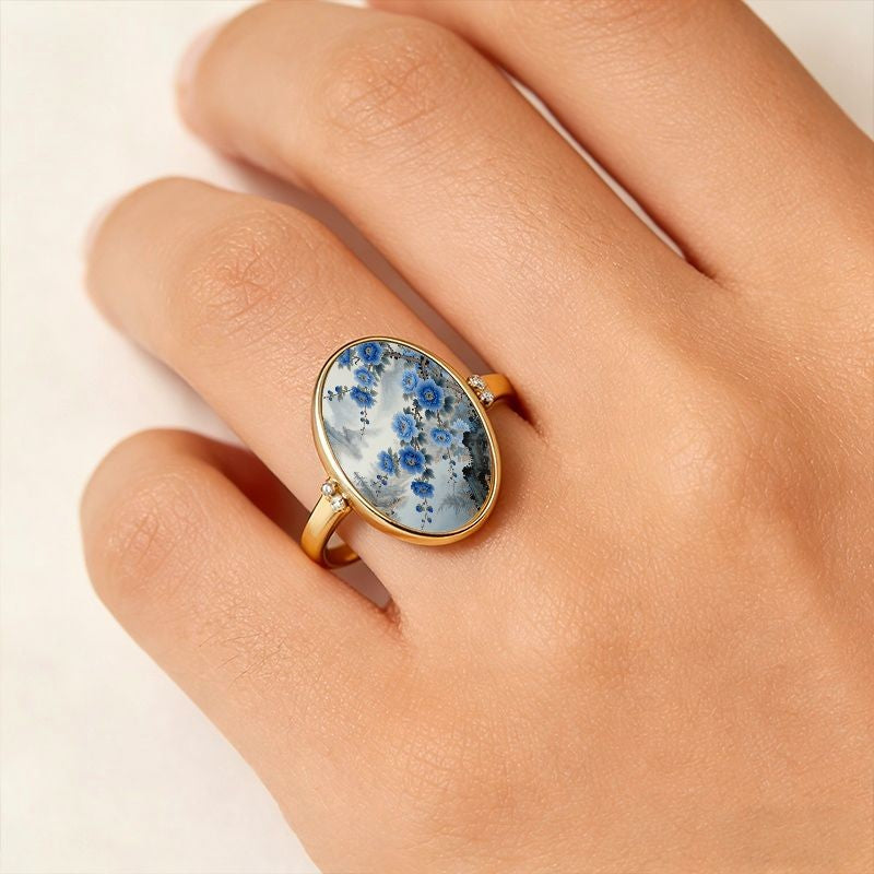 Blue Floral Landscape Oval Ring