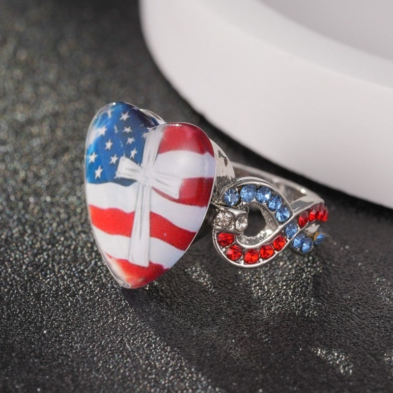 Patriotic Flag Heart & Crystal Ring