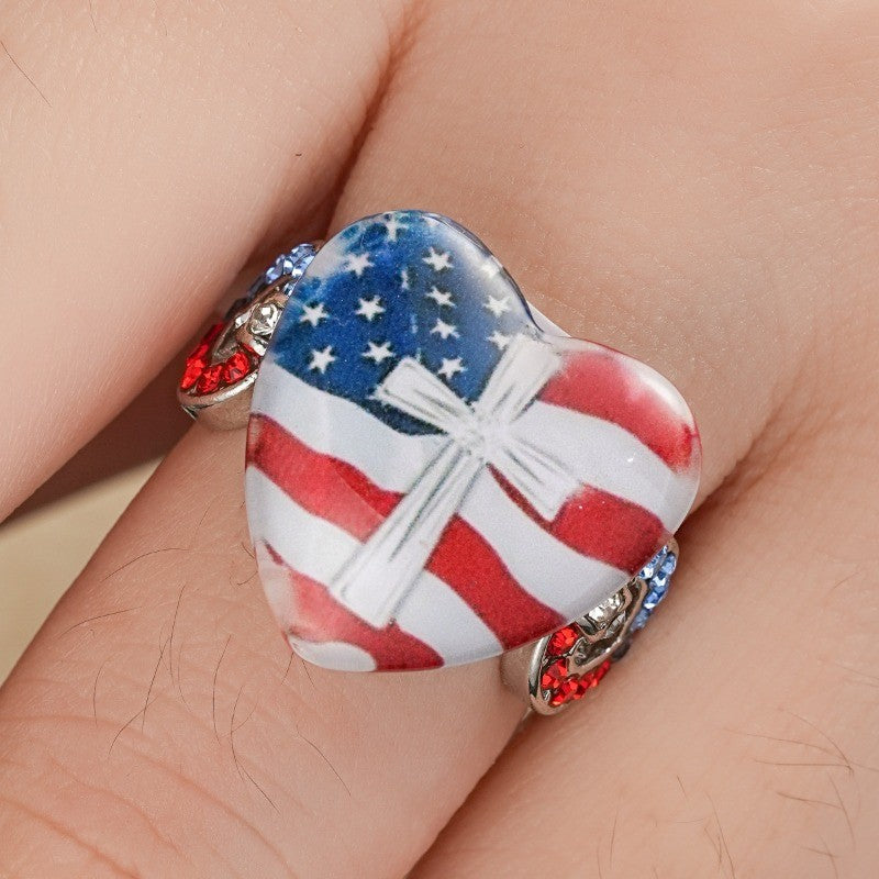 Patriotic Flag Heart & Crystal Ring