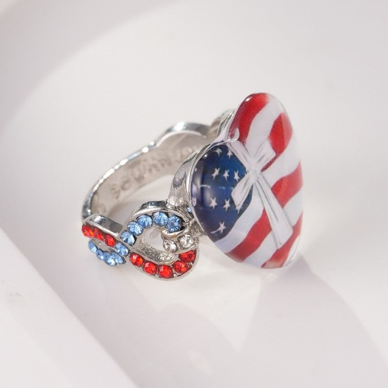 Patriotic Flag Heart & Crystal Ring