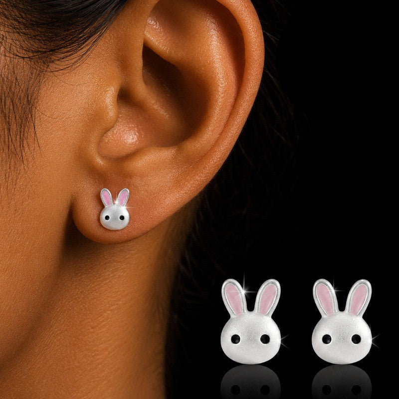Silver Bunny Face Stud Earrings
