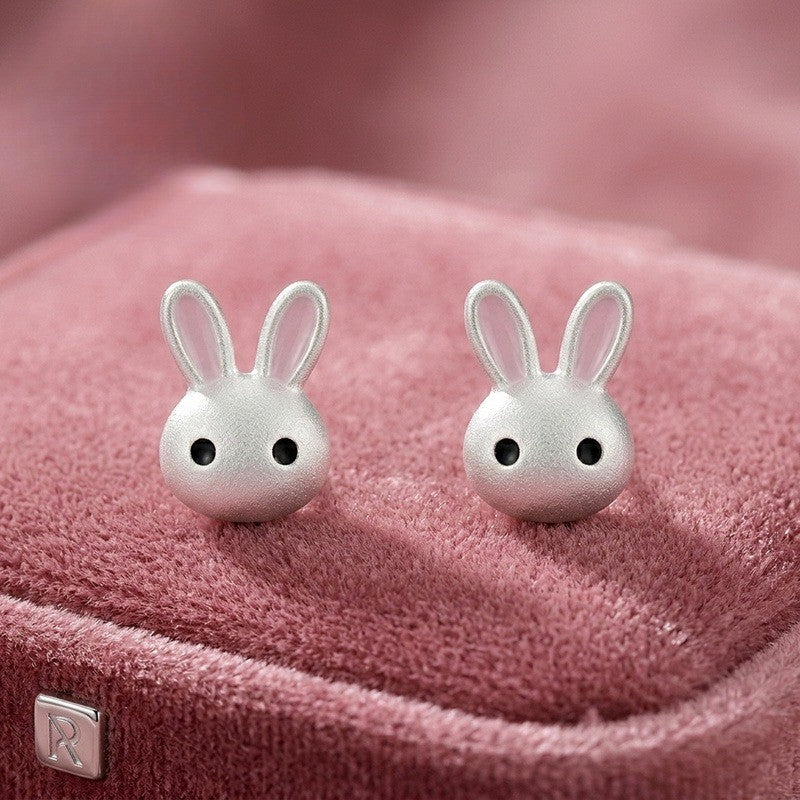 Silver Bunny Face Stud Earrings