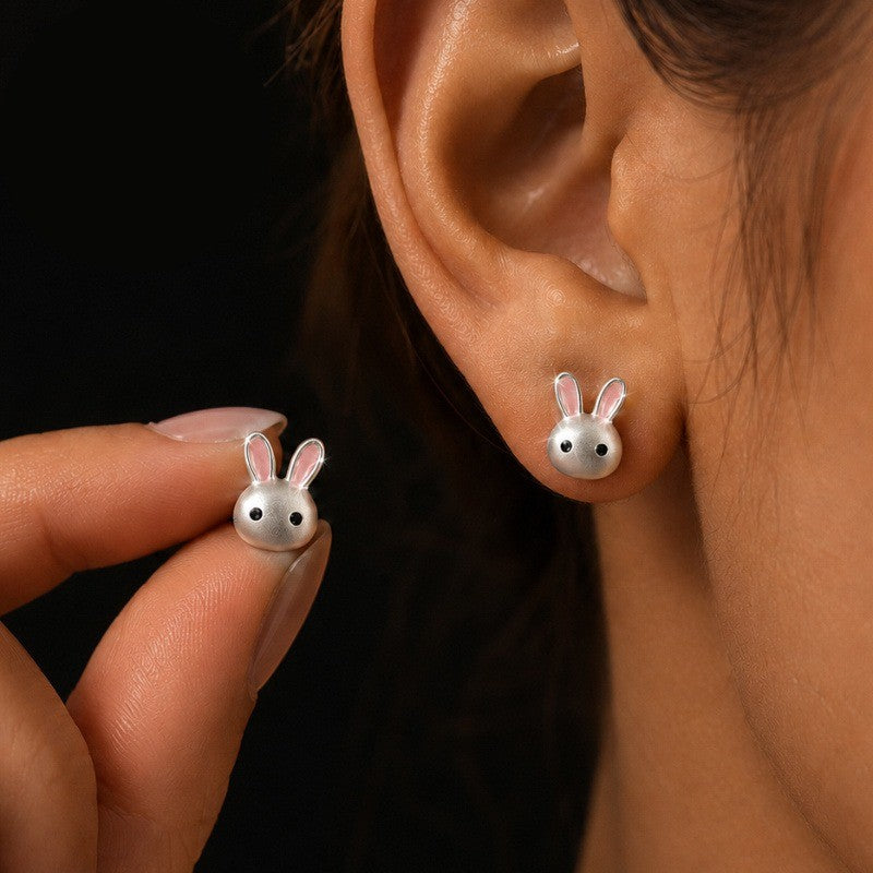 Silver Bunny Face Stud Earrings