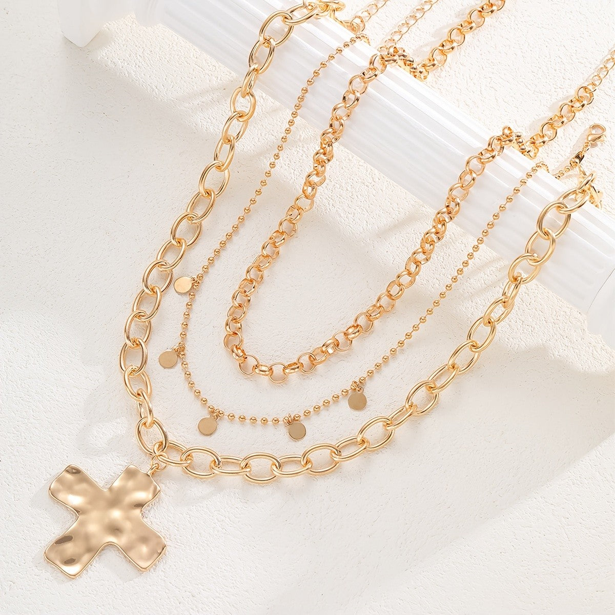 Hammered Cross & Disc Layered Necklace
