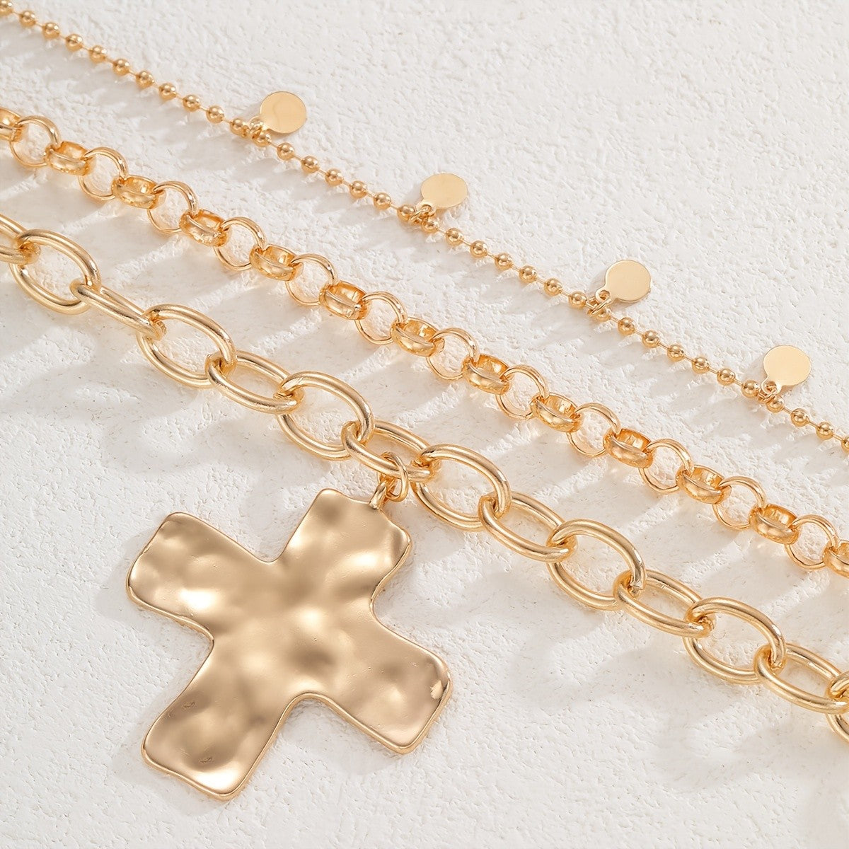 Hammered Cross & Disc Layered Necklace