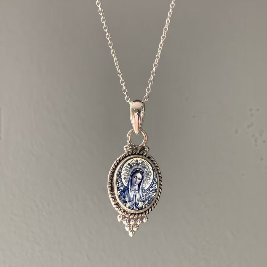 Silver-Tone Virgin Mary Oval Pendant Necklace