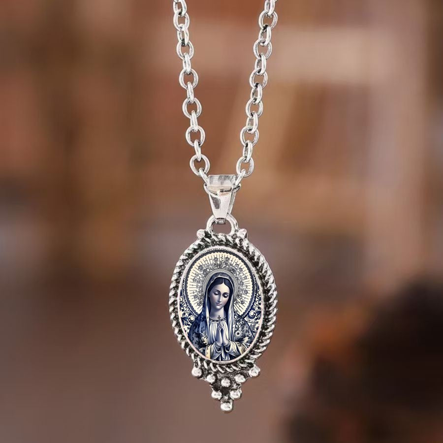 Silver-Tone Virgin Mary Oval Pendant Necklace