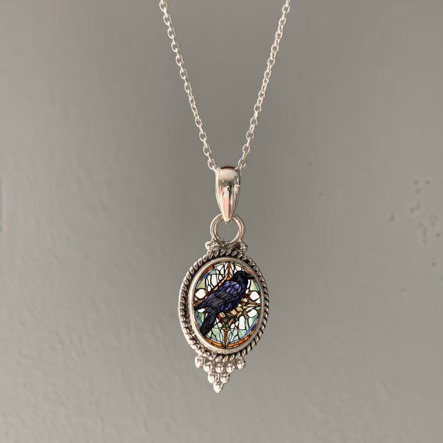 Stained Glass Raven Pendant Necklace