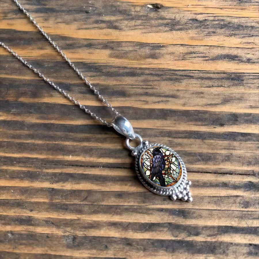 Stained Glass Raven Pendant Necklace