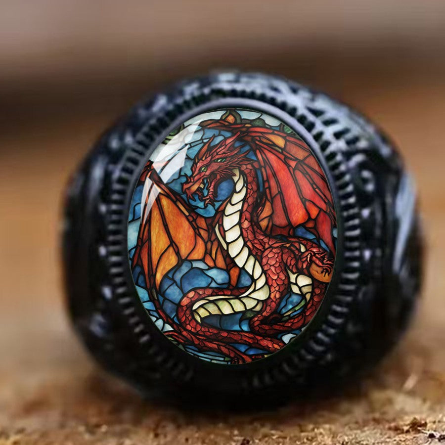 Red Dragon Oval Stained Glass Ring