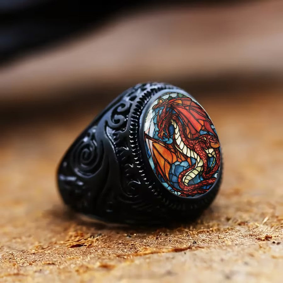 Red Dragon Oval Stained Glass Ring
