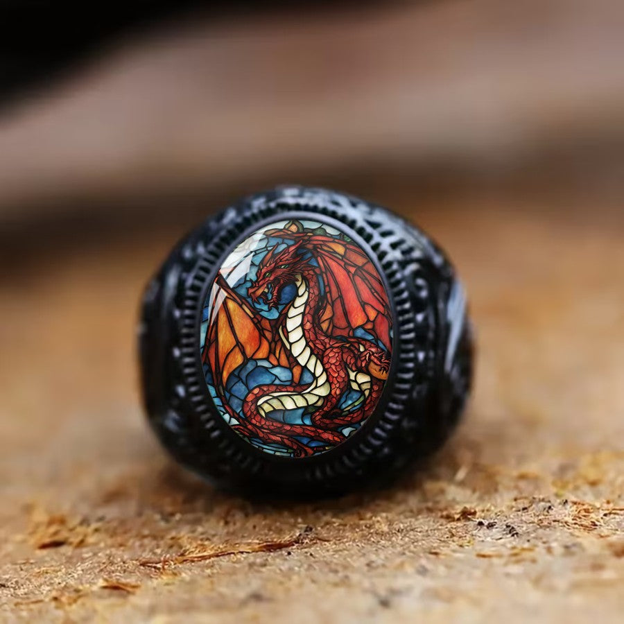 Red Dragon Oval Stained Glass Ring