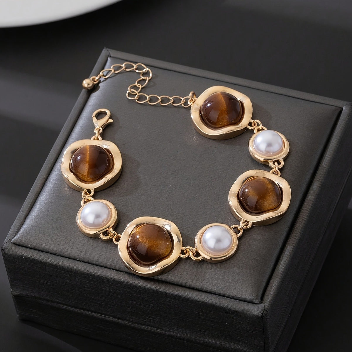 Tiger Eye & Pearl Geometric Link Bracelet