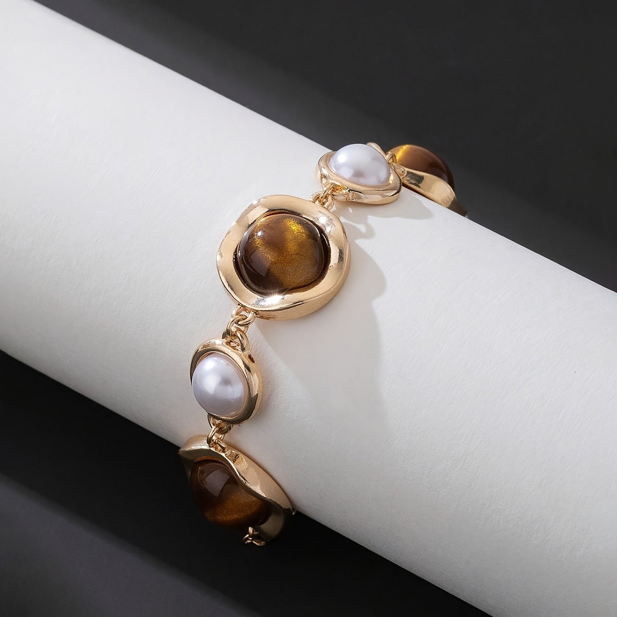 Tiger Eye & Pearl Geometric Link Bracelet