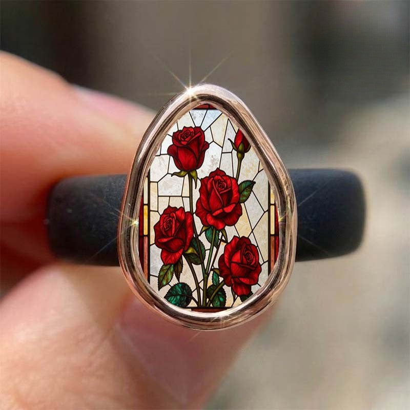 Red Rose Teardrop Stained Glass Ring