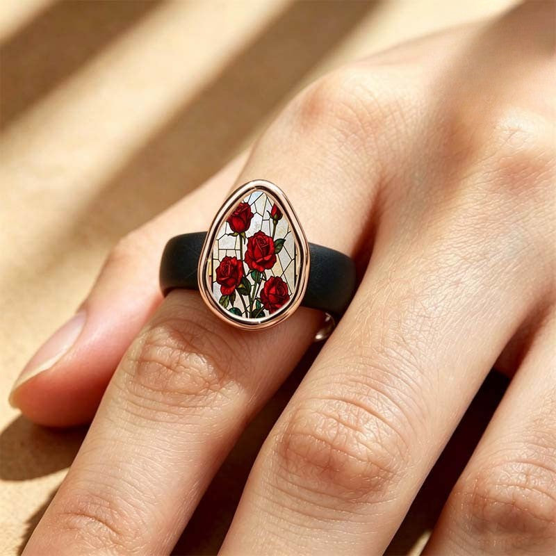 Red Rose Teardrop Stained Glass Ring