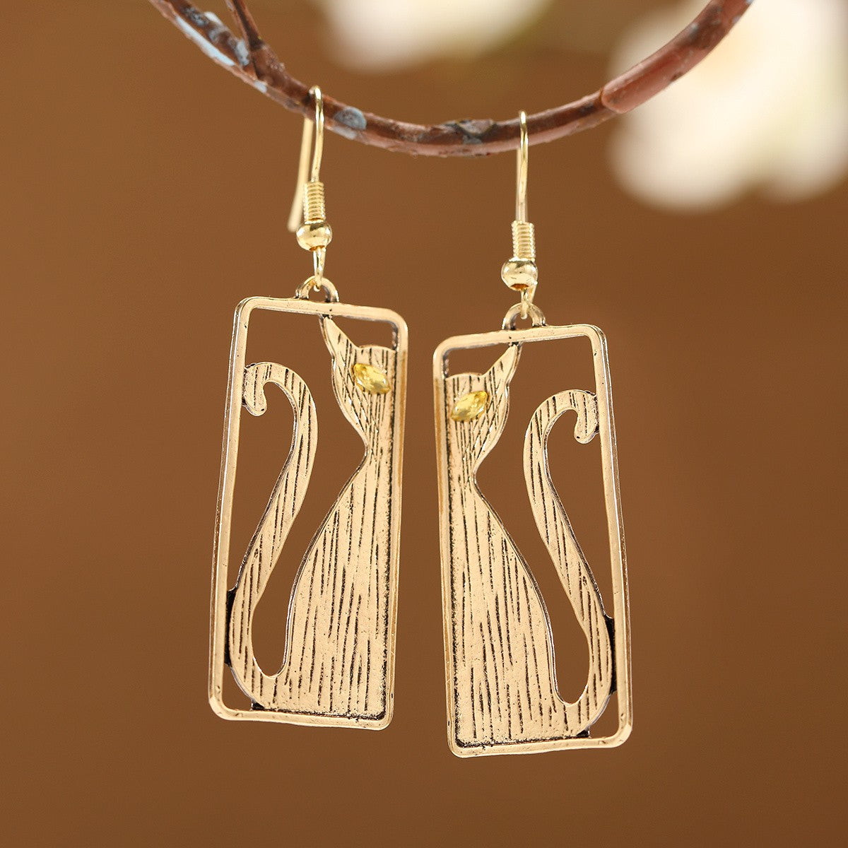 Brushed Cat Rectangle Drop Earrings