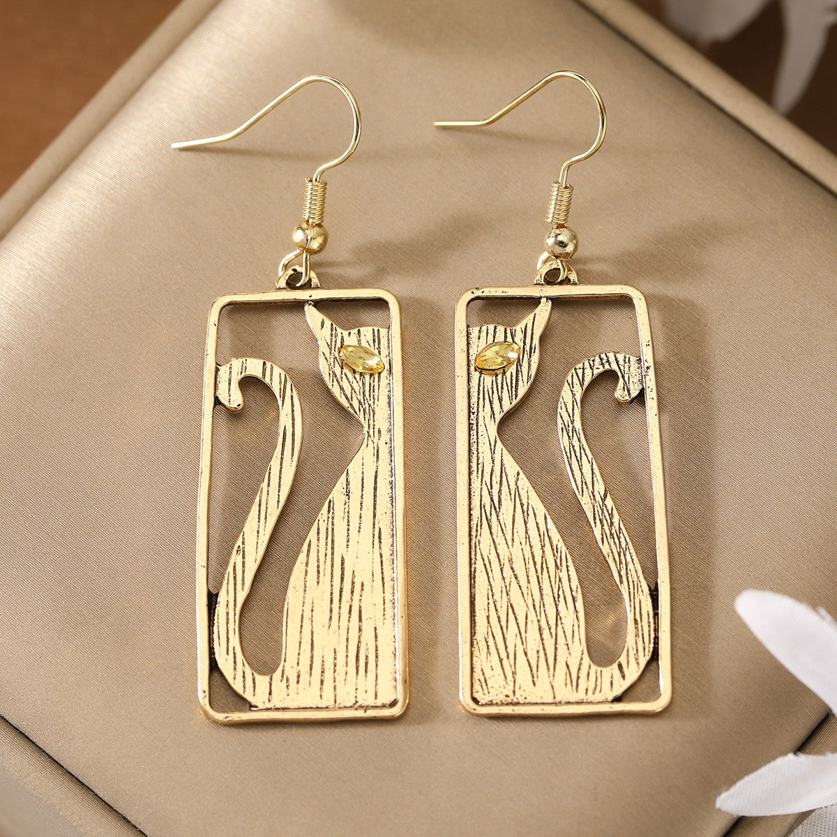 Brushed Cat Rectangle Drop Earrings