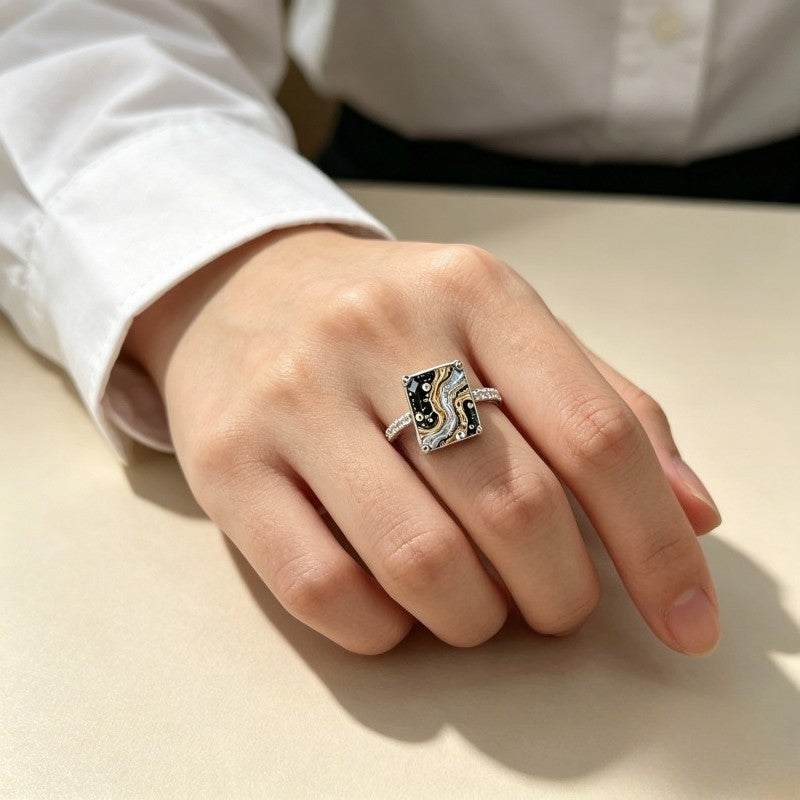 Black and Gold Fluid Square Ring