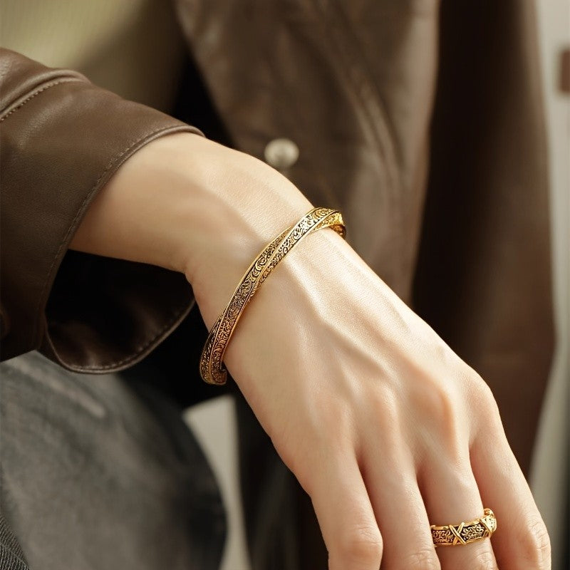 Etched Floral Open Bangle