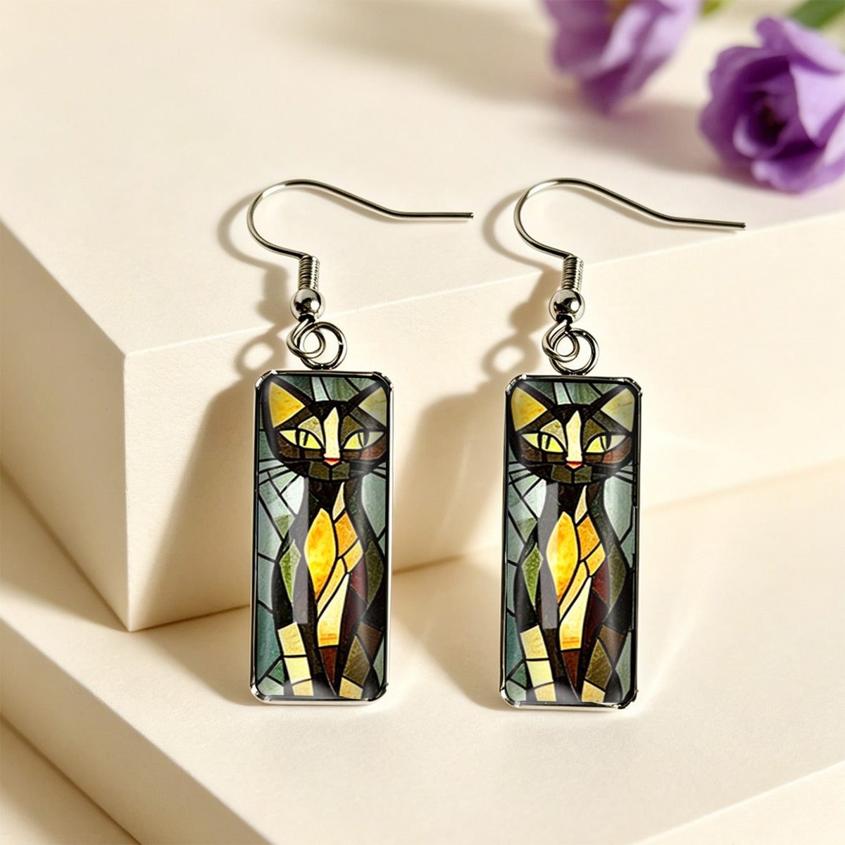 Stained Glass Tabby Cat Rectangle Earrings