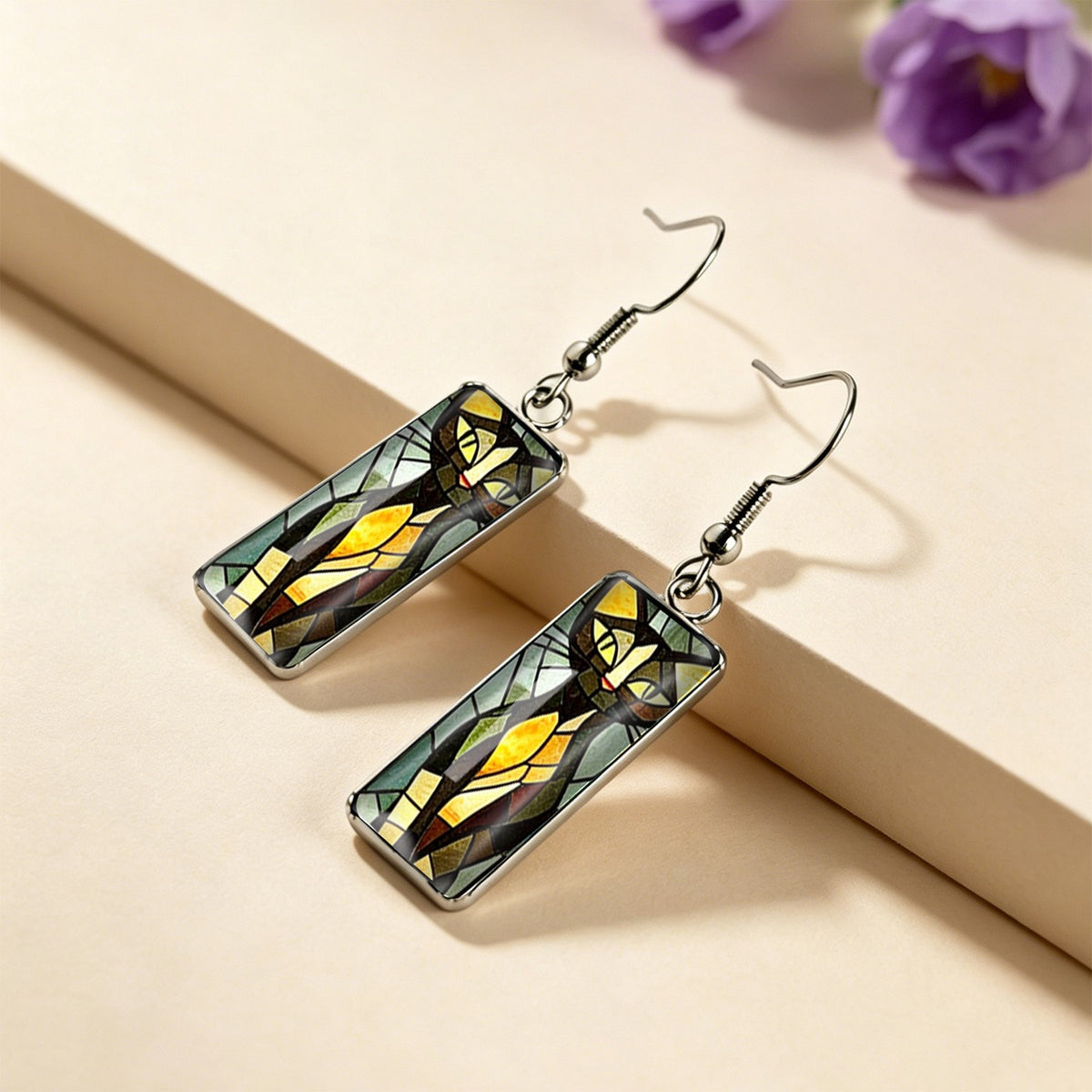 Stained Glass Tabby Cat Rectangle Earrings