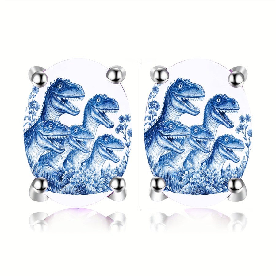Blue Dinosaur Oval Earrings